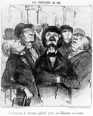 The Parisians in 1852 examining the new ceiling painted by Delacroix at the Louvre, taken from “” Paintings and Salons”, series of caricatures by Honore Daumier (1808-1879). “Charivari”, 1852.