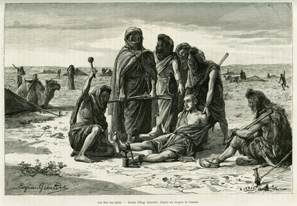 The irons on the feet. Engraving by Eugene Girardet, to illustrate the story Cinq mois chez les moures nomades du Sahara occidental, in 1887, by Camille Douls, in le tour du monde 1888, under the direction of Edouard Charton (1807-1890), Hachette, Paris.