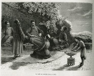 The cafe at the convent, engraving by the author, to illustrate his story Les Meteores (Greek monasteres), by M. de Dree, circa 1860, published in the Tour du monde, under the direction of Edouard Charton (1807-1890), 1881, Paris. Selva Collection.