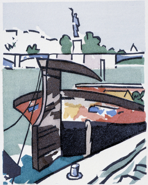 Les quais de la Seine (l'allée aux swans), Paris - in “” Le loafer des deux rives”””, Apollinaire, Bois en couleurs de N. Noël, Paris, 1945