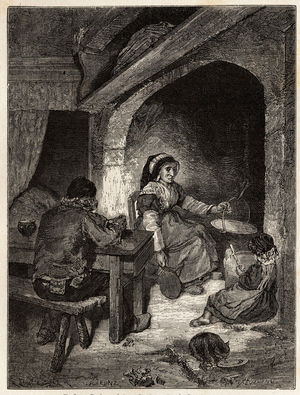 Un foyer d'auberge a Saint Cernin, gravure pour illustrer un voyage aux volcans de la France centrale en 1864, in ""Le tour du monde, nouveau journal des voyages"" publie sous la direction d'Edouard Charton, 1866, Paris. Collection Selva. 