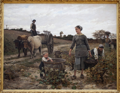Corner of vine; Languedoc. Rural scene with a man on a cart, women picking grapes and a child eating the harvested fruits. Painting by Edouard Debat Ponsan (1847-1913), Oil On Canvas, 1886. Museum of Fine Arts of Nantes.