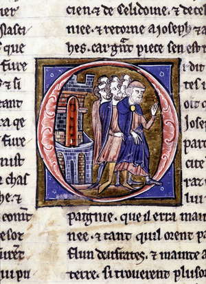 Joseph of Arimathia (Arimathee) and his sequel. Manuscript: Conquest of the Holy Grail, written 717 years after the passion of our lord. Bibliotheque municipale de Rennes, ms. 255 (Collection of novels of the Round Table); Paris, 13th century