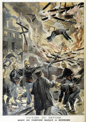 Fire fighter Bailly died in Bourges in a fire during an intervention. Illustration of the “Little Journal” of 1898.