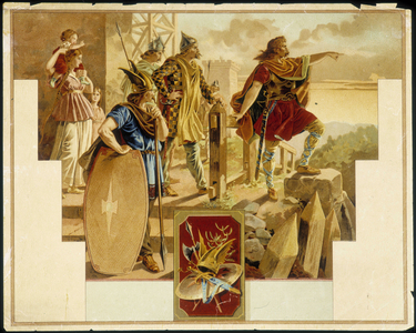 Vercingétorix surrounded by Gauls, warriors, woman and children - Chromolithography, 19th century