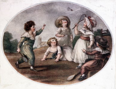 Enfants jouant au jeu du volant (aujourd'hui badminton).