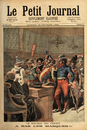 Illustration for Ash Wednesday, after the Carnival of Mardi Gras, the party costumes pass in front of the judge to unveil themselves. Engraving in “” Le petit journal”” 18/02/1893. Selva's collection.