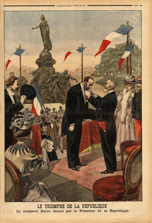 Jules Dalou (1838-1902) sculptor, decorated the legion of honor by the President of the Republic Emile Loubet (1838-1929), on the occasion of the inauguration of the statue “The triumph of the republic”” on the Place de la Nation in Paris. Engraving in “” Le petit journal”” 3/12/1899. Selva Collection.
