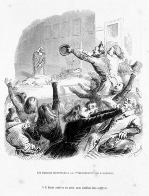 The Romans have the first representation of Hernani by Victor Hugo (1830). Cartoon In “” Jerome Paturot in search of a social position”” written by Louis Reybaud, 1843. Engraving by Gerard Grandville (1803-1847).