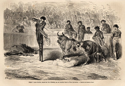 Scene of bullfighting: Michel Lopez Gorrito, climbs on scaffles, apprehends to kill a bull in the Plaza de Seville. Drawing by Gustave Dore (1832-1883). Engraving to illustrate the voyage in Spain, in 1862 by Charles Davillier and Gustave Dore, in “Le tour du monde, nouveau journal des voyages”” published under the direction of Edouard Charton, 1867, Paris. Selva Collection.