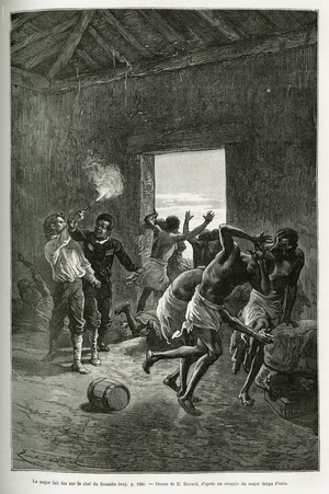 Major Serpa Pinto fired at the village chief or stopped because he demanded even more brandy in exchange for his hospitality. Engraving by Emile Bayard, to illustrate the story how I've traversed Africa, from the Atlantic Ocean to the Indian Ocean, by Major Serpa Pinto, in 1877-1878, published in the Tour du monde, edited by Edouard Charton (1807-1890), 1881, Paris. Selva Collection.