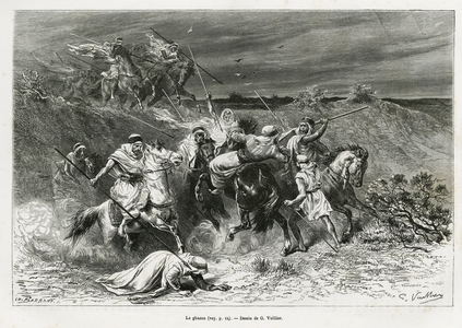 The Ghazou, or razzia, looting with a hand. Engraving by G.Vuillier, to illustrate the story “” pelerinage au Nedjed, cradle of the Arab race””, by Lady Anna Blunt, in 1878-1879, published in the Tour du monde, under the direction of Edouard Charton (1807-1890), 1882, Paris. Selva Collection.