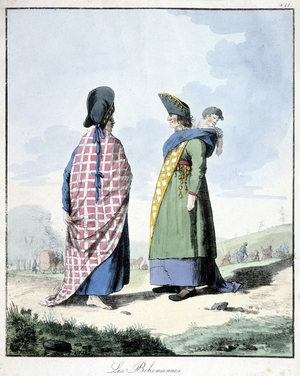 19th century board representing two bohemians in Russia, one with a baby carrying bag.