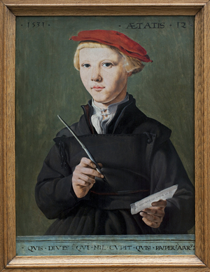 Portrait d'un jeune ecolier. peinture de Jan Van Scorel (1495-1562), huile sur bois, 1531. Art flamand, 16e siecle. Musee des Beaux Arts de Rotterdam (Pays Bas). 