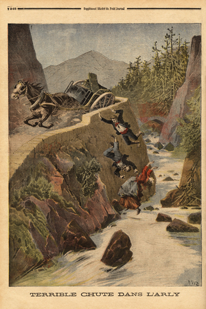 An accident of a tank on a bench in Savoie, the vehicle overturns and the passengers are precipitated in Arly. Engraving in “” Le petit journal”” 2/08/1896. Selva's collection.