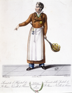 Tuscany costume: Nurse. Serving from the Hospital of Santa Maria Novella in Florence. Engraving of the 19th century.