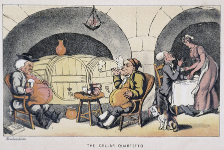 Le docteur dans un cellier ou une cave - in ""Doctor Syntax's three tours : in search of the picturesque consolation and a wife"" by William Combe, ill. Rowlandson, 1869