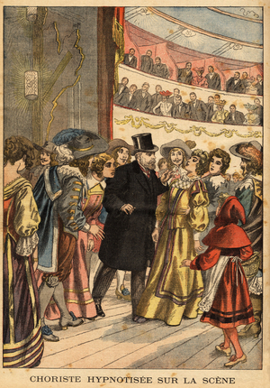 In the theatre of Reims, during the performance of the pantomime "The Little Red Riding Hood”, a simulation hypnotist, performs magnetic passes to amuse the audience, when a young performer falls into catalepsy. Engraving in "Le petit journal" 14/12/1902. Selva Collection.