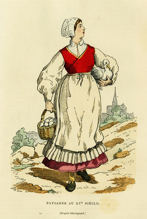 Peasant costume in the 15th century. Engraving in colors of after Chevignard, in “France et les francais a travers les centuries”” by Augustin Challamel, F.Roy editor, Paris 1882. Selva Collection.