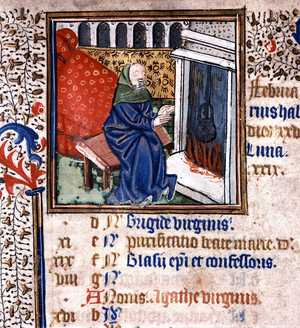 Old man heating himself to a fireplace, illumination of a pound of hours, middle age