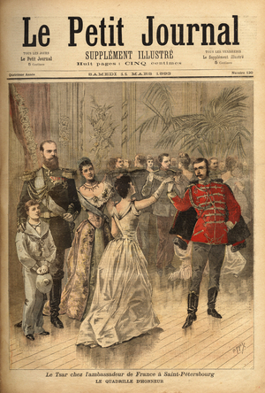 Tsar Alexander III (1815-1894) dances the quadrille d'honneur at a feast given by the Count of Montebello, French ambassador to Russia. Engraving in “” Le petit journal”” 11/03/1893. Selva's collection.