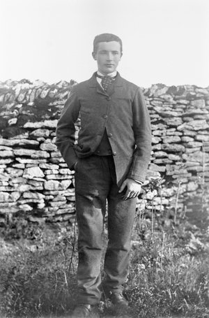 Portrait of a young man, in the garden of the Abbey of Septfontaines, near Bourmont en Haute Marne. Photography late 19th century. Ducos Collection.