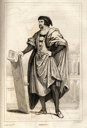 Portrait of Tommaso di Giovanni Cassai, dit Masaccio, (1401-1428) painter, engraving by A.Devria, in “” Picturesque Italy””, Amable Coste editor, 1836.