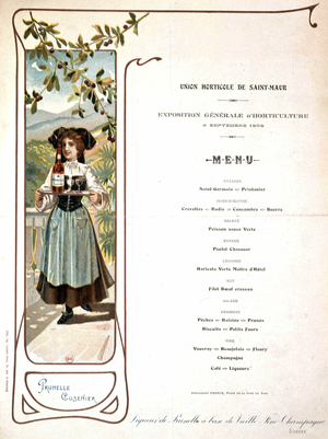 Menu of the Saint Maur general horticulture exhibition, advertising for Cusenier liqueur (waitress in costume), 1909