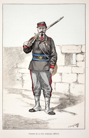 Guardians of the Peace mobilizes (1870-1871). Eau forte en couleurs, pour illustration “” Histoire du corps des gardiens de la paix””” book published under the auspices of Louis Lepine (1846-1933) prefet de police de la Seine, by Alfred Rey (1864-?) and Louis Feron (1862-?) , edition Firmin Didot et Cie, 1896, Paris.