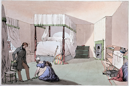 Hostel: a servant helping a customer to put on shoes. Illustration by Eugene Louis Lami (1800-1890), mid-19th century