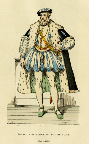 Portrait of Francois I of Lorraine (1519-1563), Duke of Guise and Duke of Aumale, even of France, childhood companion of King Henry II (1519-1559), he was a renowned military leader and distinguished himself as leader of Catholics during the wars of religion. Colour engraving, in “France et les francais a travers les centuries”” by Augustin Challamel, F.Roy editor, Paris 1882. Selva Collection.