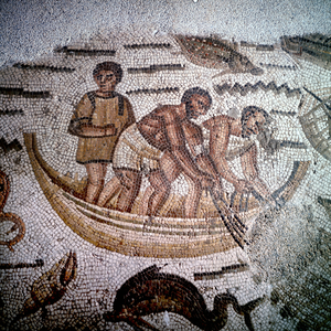Fishing scene in Mosaic in Hippo, Algeria.