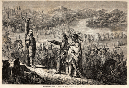 The war pole, the Baron of Wogan captured by the Indians of the Timpabaches tribe, is located on the banks of the San Juan, river arm of the Rio Grande, drawing by Jules Pelcoq, to illustrate the story of the Baron de Wogan's trip to California in 1850-1852. Engraving in “” Le tour du monde, nouveau journal des voyages”” Paris, 1860. Selva's collection.