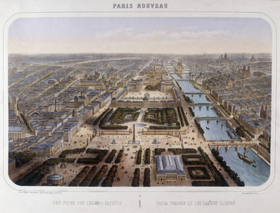 Transformations of Paris under the Second Empire, Paris Haussmann. View of the Haussmann perspective between the Palais du Louvre and the Champs Elysées, circa 1870.