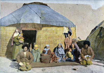 Group of Tekes (Russian nomads) in front of their yurt, late 19th century