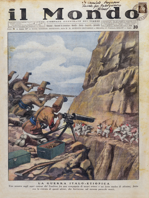 The war between Italy and Ethiopia: Confrontation between Eritrean Ascari and a group of Abyssinians, Tembien area, cover of "Il Mondo", February 1936 (colour litho)