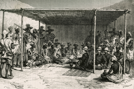 Signing of the treaty that placed the Sudan under the protectorate of France on 25 April 1880, 19th century (engraving)