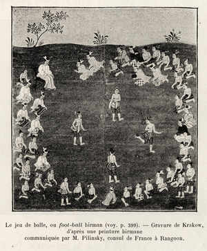 Burmese football or ball game. Engraving by Krakow to illustrate the story “Fifteen days in Burma””, by E.Cavaglion, in 1886, in Le tour du Monde 1892, directed by Edouard Charton (1807-1891), Hachette, Paris.