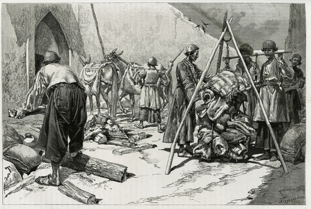 The weighing of the baggage before the departure of the Delafoy Bridal Expedition, 19th century (engraving)