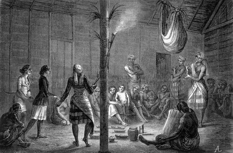 Illustration published in the 1862 edition of “Le Tour du monde” depicting a celebration given by the dayaks in honour of the first white man arriving in their tribe on the island of Borneo. Engraving.