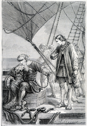 Christopher Columbus bound as a villain (on ship deck), ill. 'Decouverte de la Terre' by Jules Verne, ed. Hetzel, n.d. 19th.