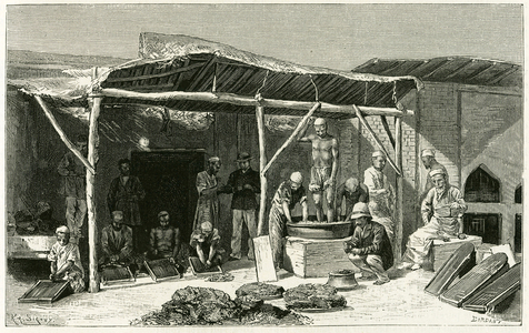 The manufacture of opium for smoking, in Mr. Collignon's factory near Isfahan (Iran), after incision of poppy capsules, opium is cleaned and crowded with a certain amount of oil that facilitates its combustion, then this opium is shipped to China and India. Engraving by A. Sirouy, after a photograph, to illustrate the story “” Persia, Chaldee and Susiane”” in 1881-1882, by Jane Dieulafoy (nee Magre, 1851-1916), archeologist, writer and academic officer. Published in the Tour du monde, 2nd semester 1883, edited by Edouard Charton (1807-1890), Hachette edition, Paris.