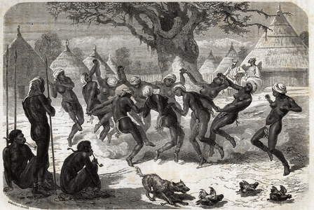 Welcome dance by the women of the tribe, upon the return of Baker and his wife from Lake Albert (Albert Nyanza). Engravure pour illustration le voyage au lac Albert, en 1861-1864, de Sir Samuel White Baker, in “Le tour du monde, nouveau journal des voyages”” published under the direction of Edouard Charton, 1867, Paris. Selva Collection.