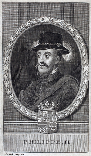 Portrait of Philip II of Spain (Felipe) (1527-1598), King of Spain and Portugal. Engraving to illustrate “History of the War of Flanders”, by Flamianus Strada, edition Joseph T'Serstevens, 1712, Brussels (Belgium).