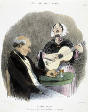 Man drinking in the company of a singer - in “Les Beaux Days de la vie”” by Honoré Daumier, 19th century