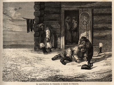 Sunday sanctification has cumin liquor, Dorpat workers. Drawing by Henriet, to illustrate his trip to the Russian Baltic provinces in 1851-54. Engraving in “” Le tour du monde””, edited by Edouard Charton, 1865. Selva's collection.