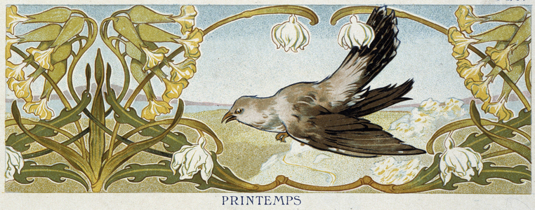 Symobolising bird in spring. Chromolithography of the 19th century are part of a series on the four seasons.