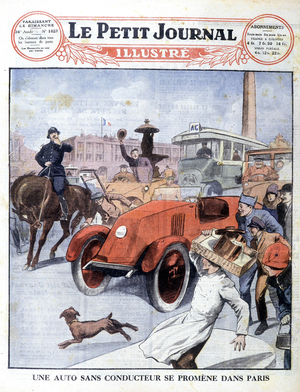 A driver-free car walks around Paris. Cover of  "Le Petit Journal illustré”, November 22, 1925 (engraving)