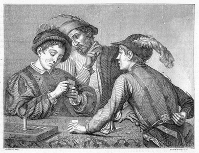The cheaters. 19th century engraving depicting the work of Caravaggio (il Caravaggio) around 1596.