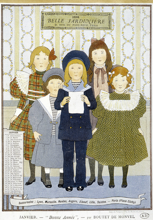 Bonne Annee (enfants) - dessin de Boutet de Montel in calendrier ""La Belle Jardinière"" de janv. 1898